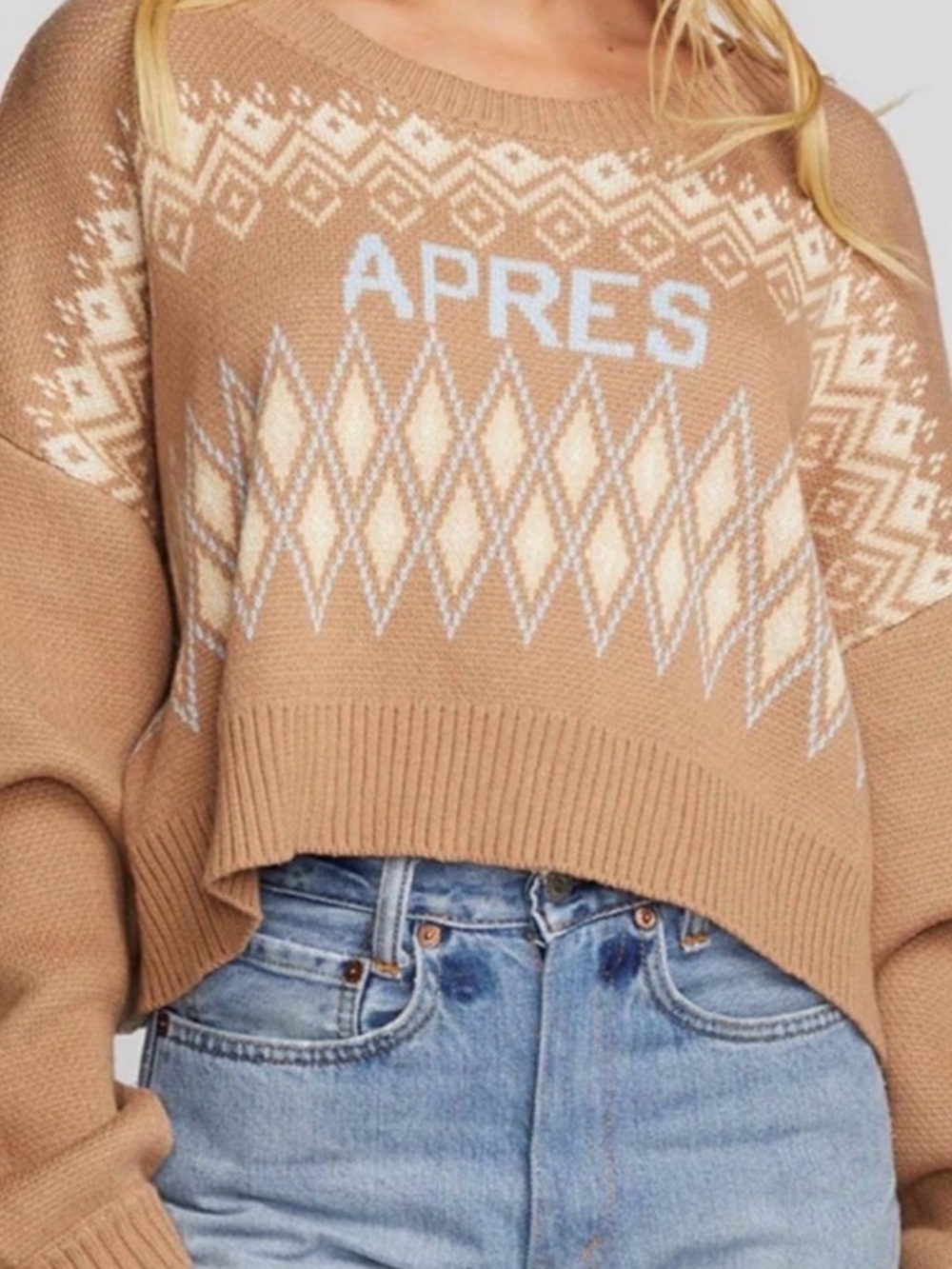 Chaser Apres Fair Isle Sweater cropped beige cream crew neck knit size small